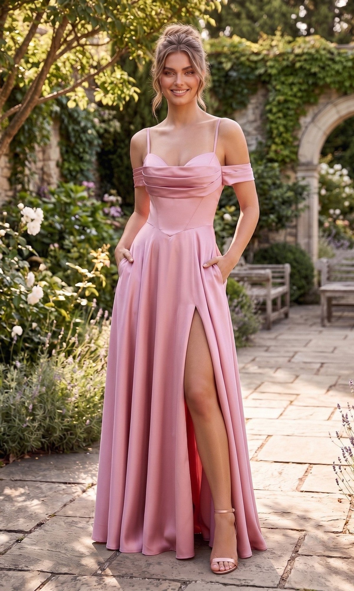 A woman stands on a stone path in a garden, wearing the Chicas C2575 long prom dress in Rose. The elegant, off-the-shoulder satin gown features convenient pockets, a dramatic thigh-high slit, and an A-line floor-length skirt that flows gracefully with every step.
